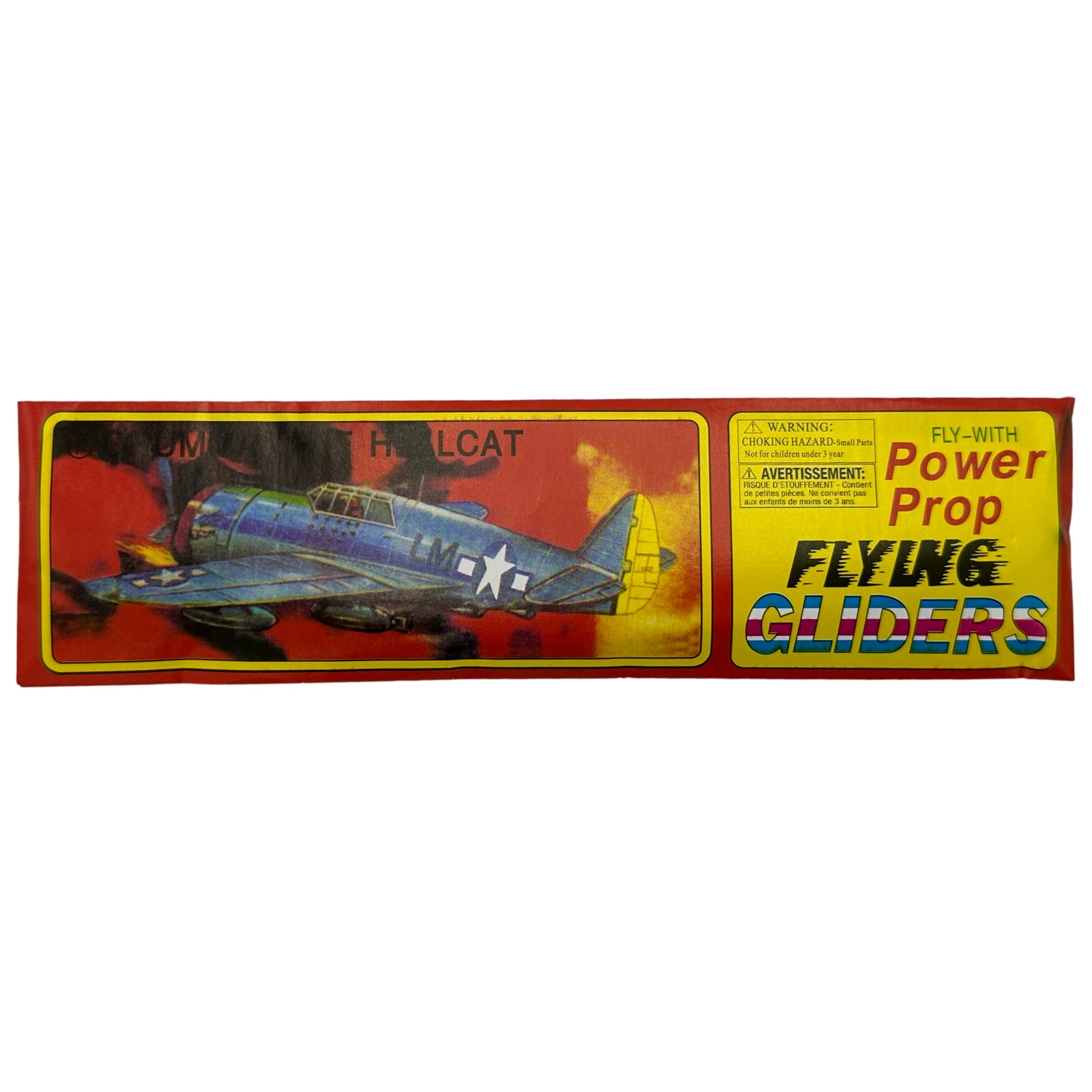 Packaging for a "Power Prop Flying Gliders" toy, featuring an illustration of a blue fighter plane.